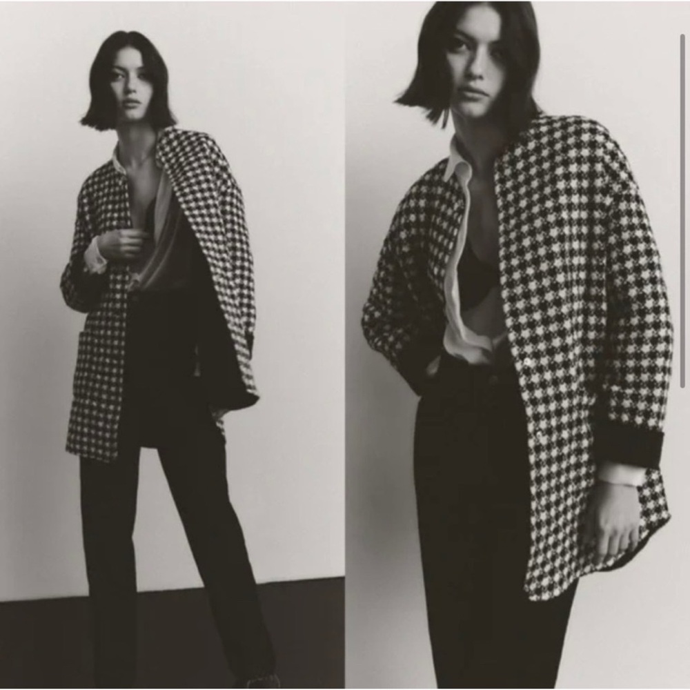 Zara Houndstooth Pea Coat in Black and White